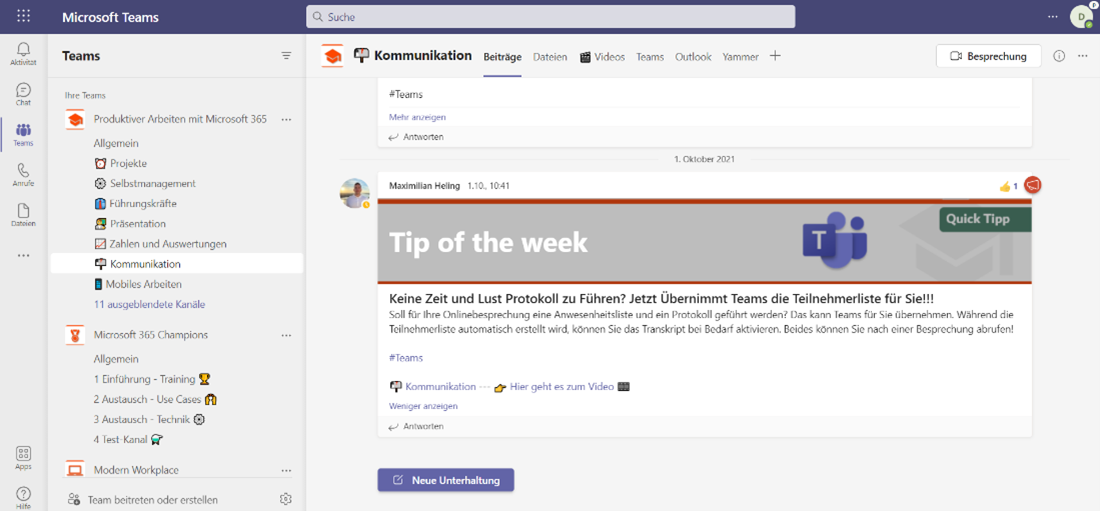 Tip of the week Videoposting in einem Team in Teams