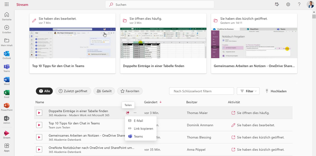Bild 2: Link in der Stream App über Office.com erstellen oder Teilen per Mail oder Teams